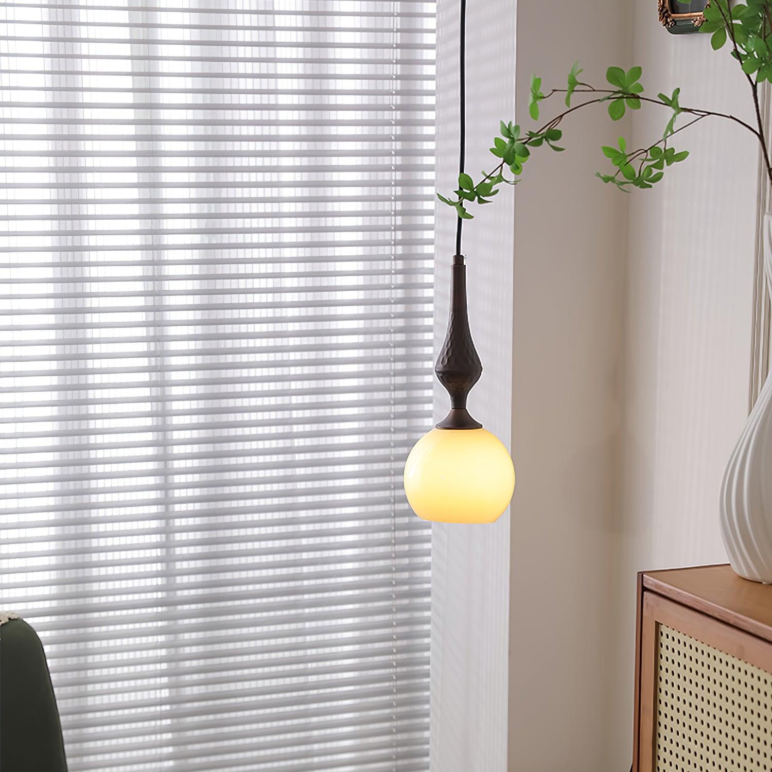 Pendant Lamp White Glass Shade Brown  Vintage