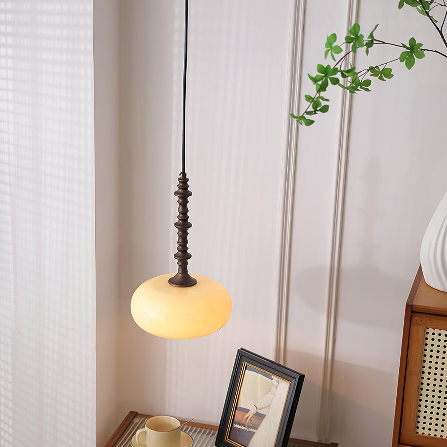 Pendant Lamp White Glass Shade Brown  Vintage