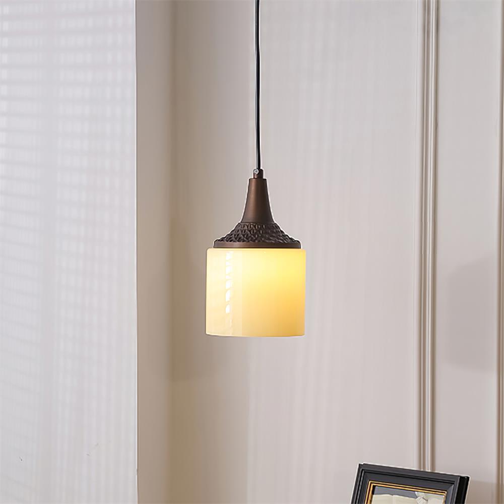 Pendant Lamp White Glass Shade Brown  Vintage