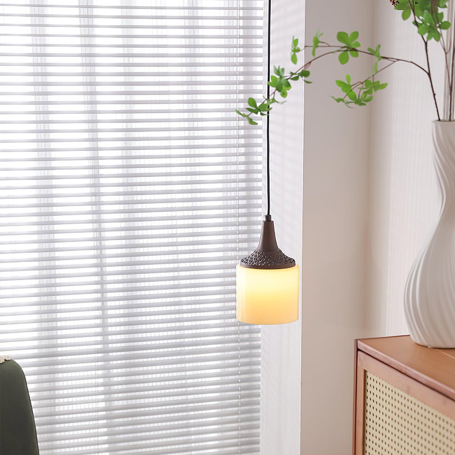 Pendant Lamp White Glass Shade Brown  Vintage