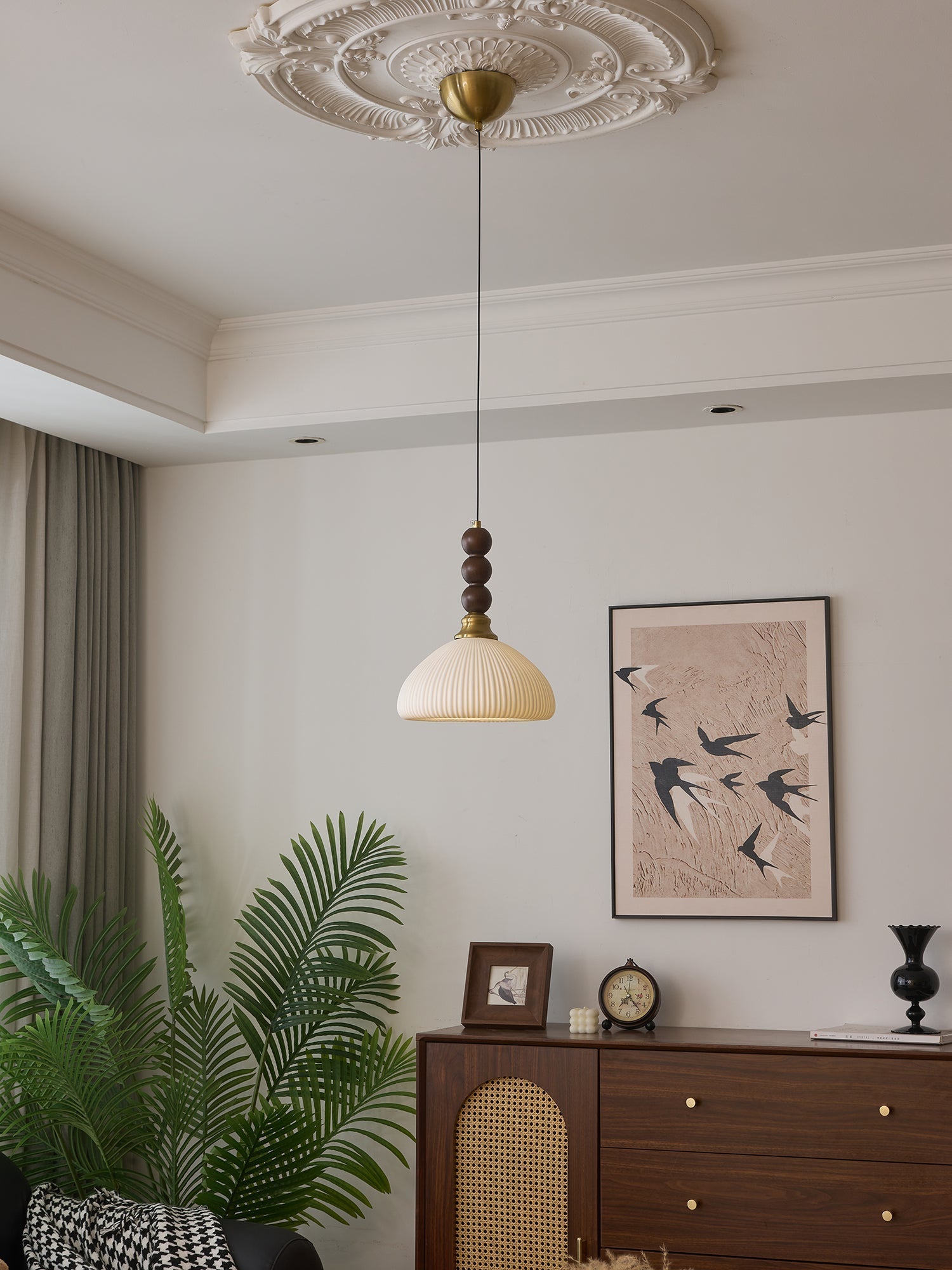 Avshaara Traditional Elegance Vintage Fabric Wood Pendant Light-Neutral Decor