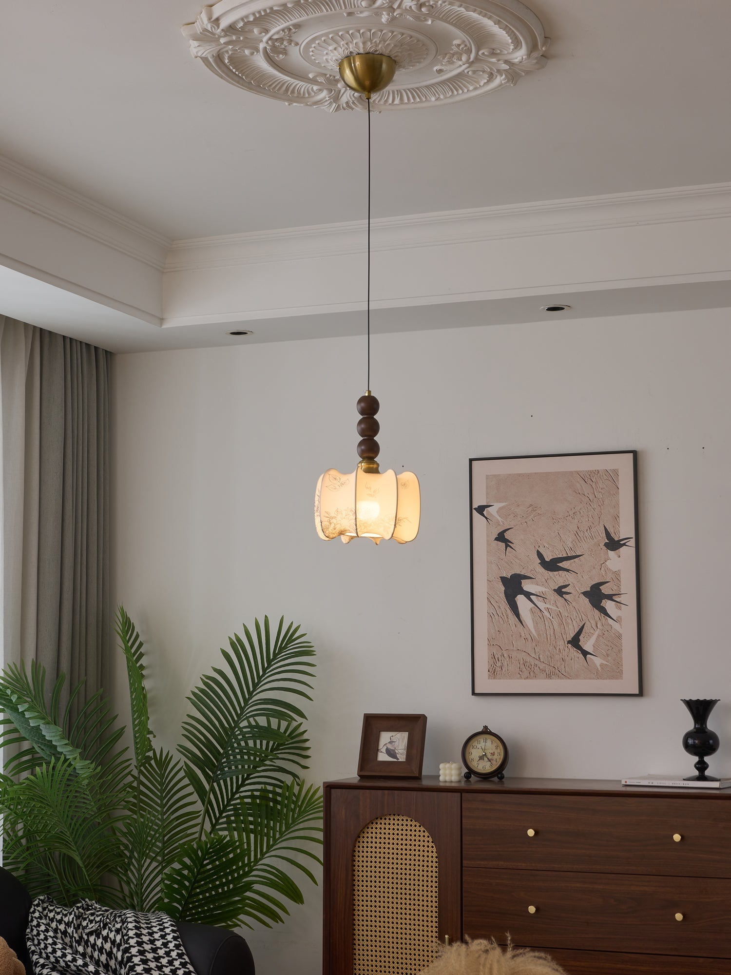 Avshaara Traditional Elegance Vintage Fabric Wood Pendant Light-Neutral Decor