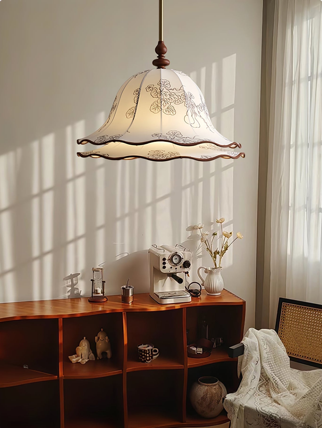 Ilsilis Traditional Elegance Floral Fabric Wood Pendant Lamp-Neutral Decor