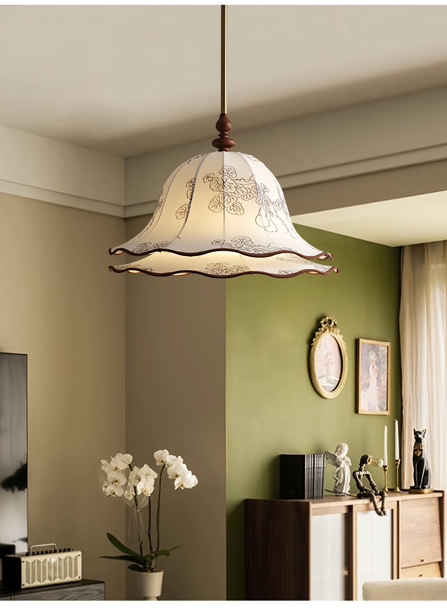 Ilsilis Traditional Elegance Floral Fabric Wood Pendant Lamp-Neutral Decor
