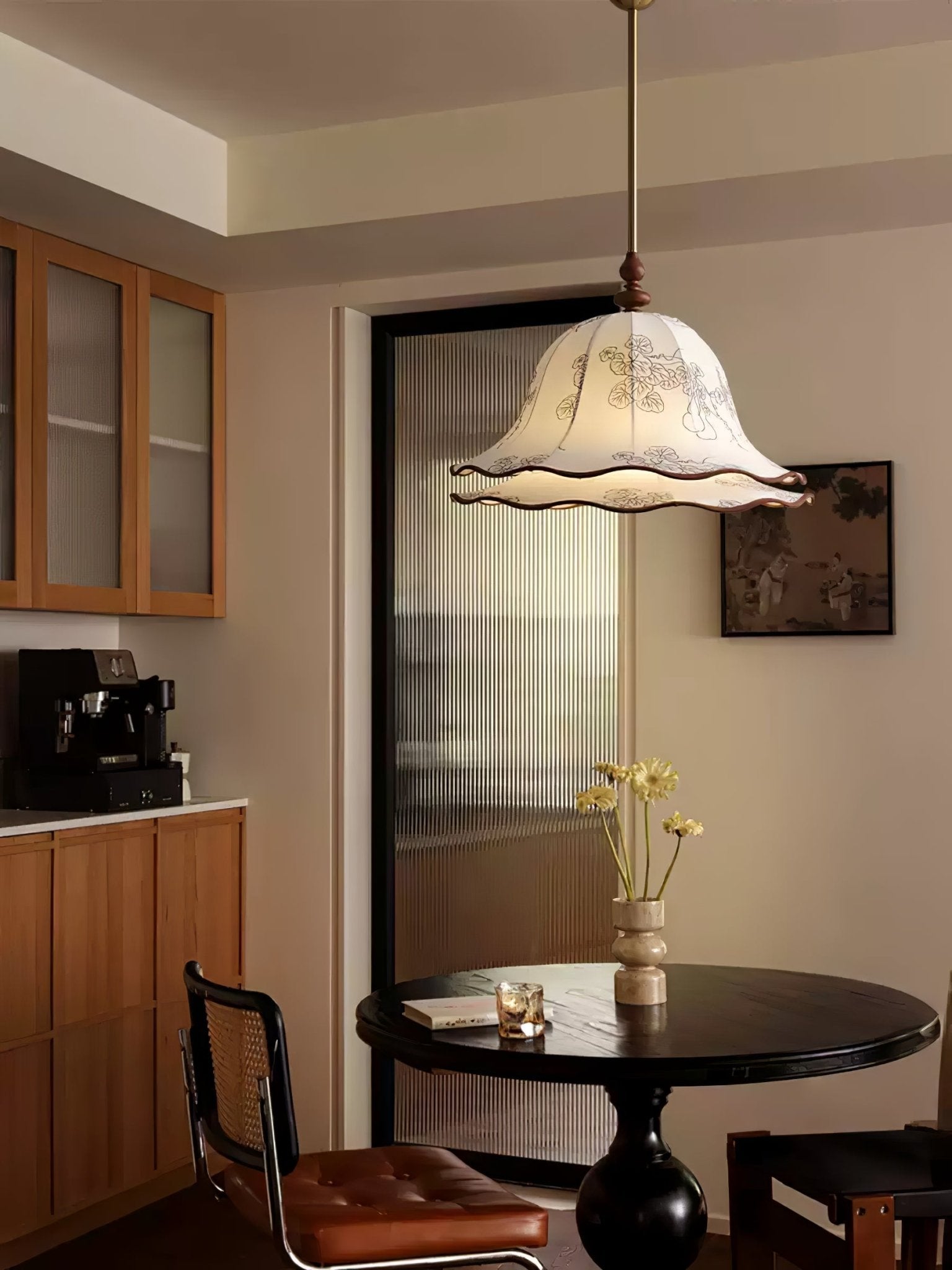 Ilsilis Traditional Elegance Floral Fabric Wood Pendant Lamp-Neutral Decor