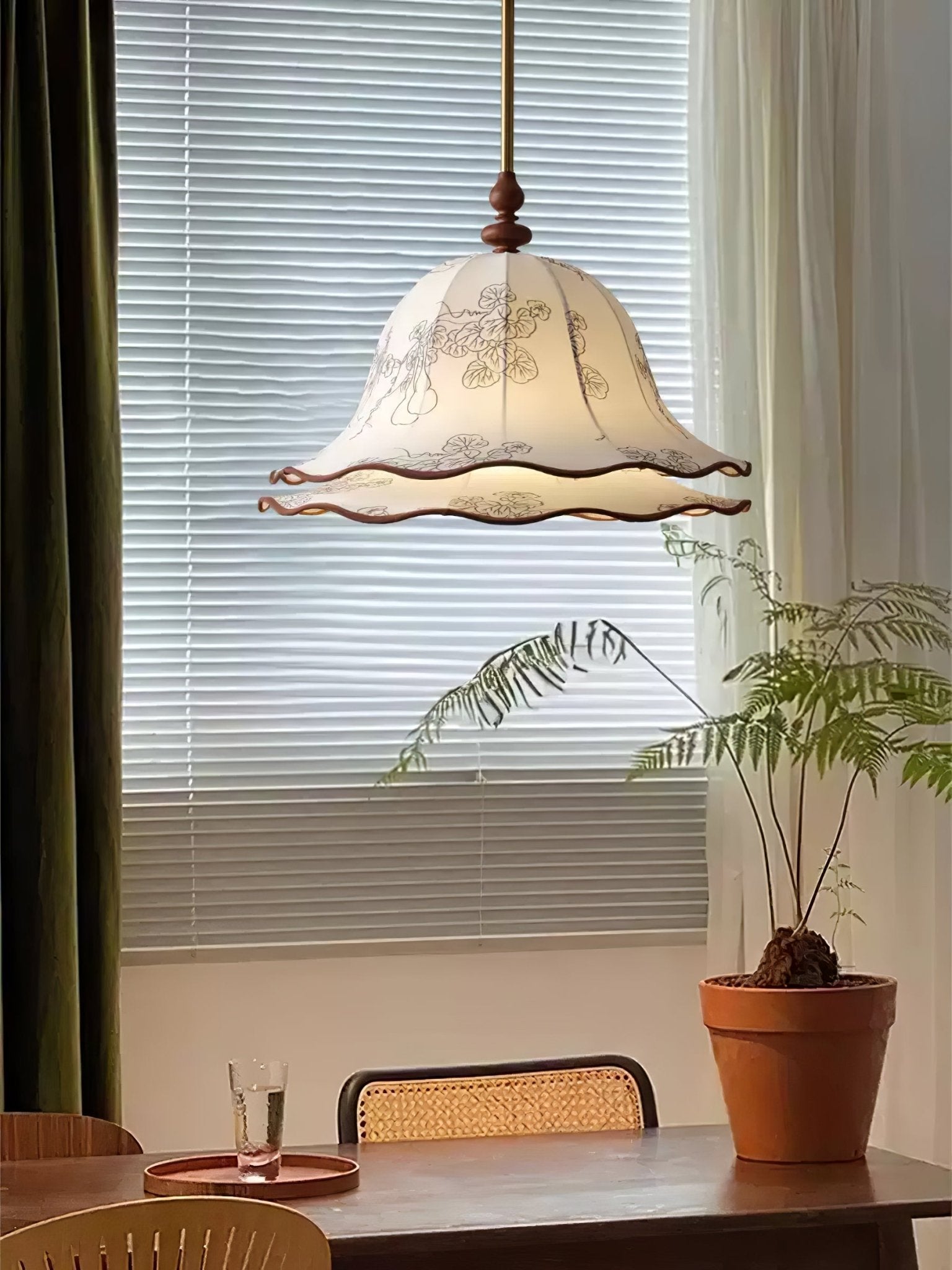 Ilsilis Traditional Elegance Floral Fabric Wood Pendant Lamp-Neutral Decor