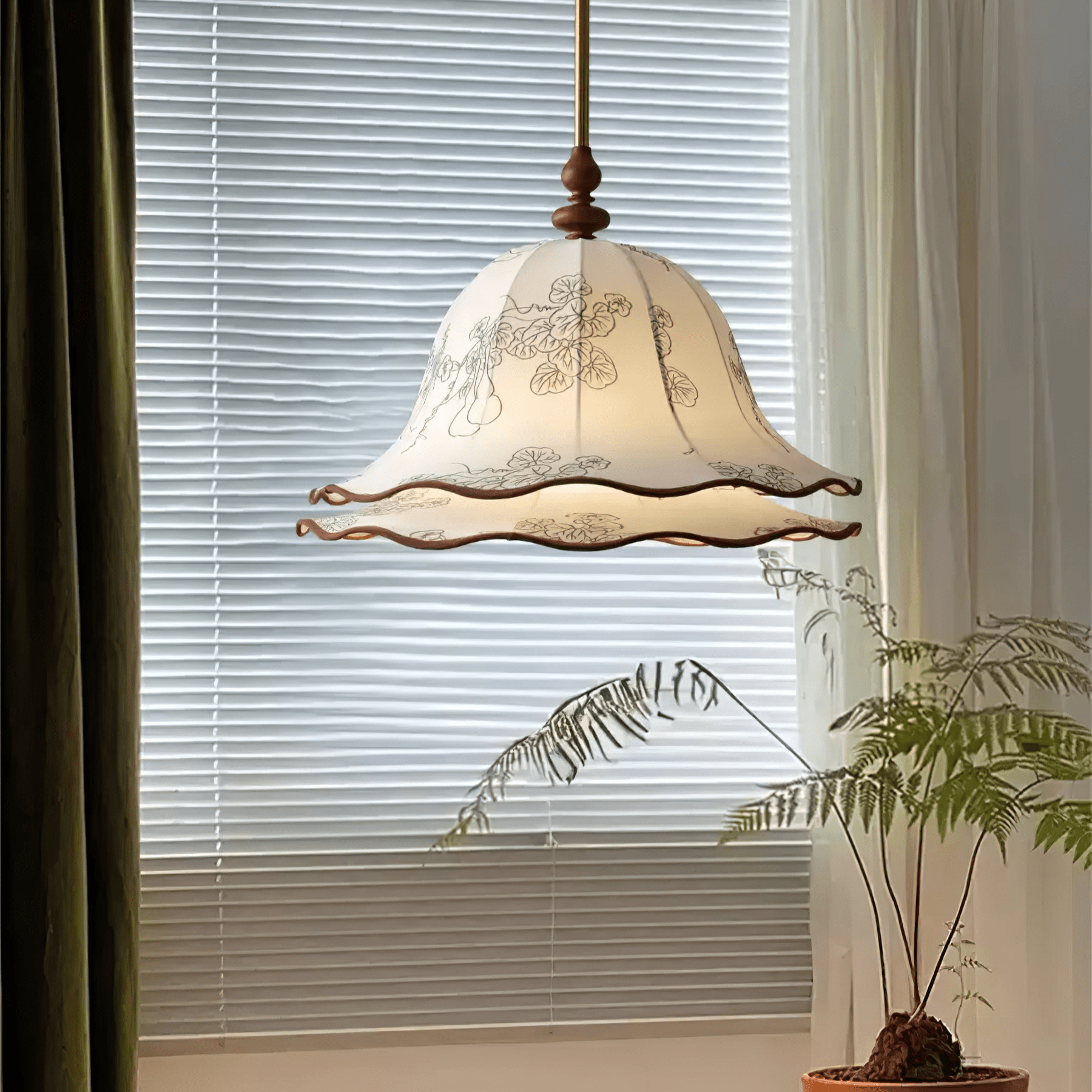 Ilsilis Traditional Elegance Floral Fabric Wood Pendant Lamp-Neutral Decor