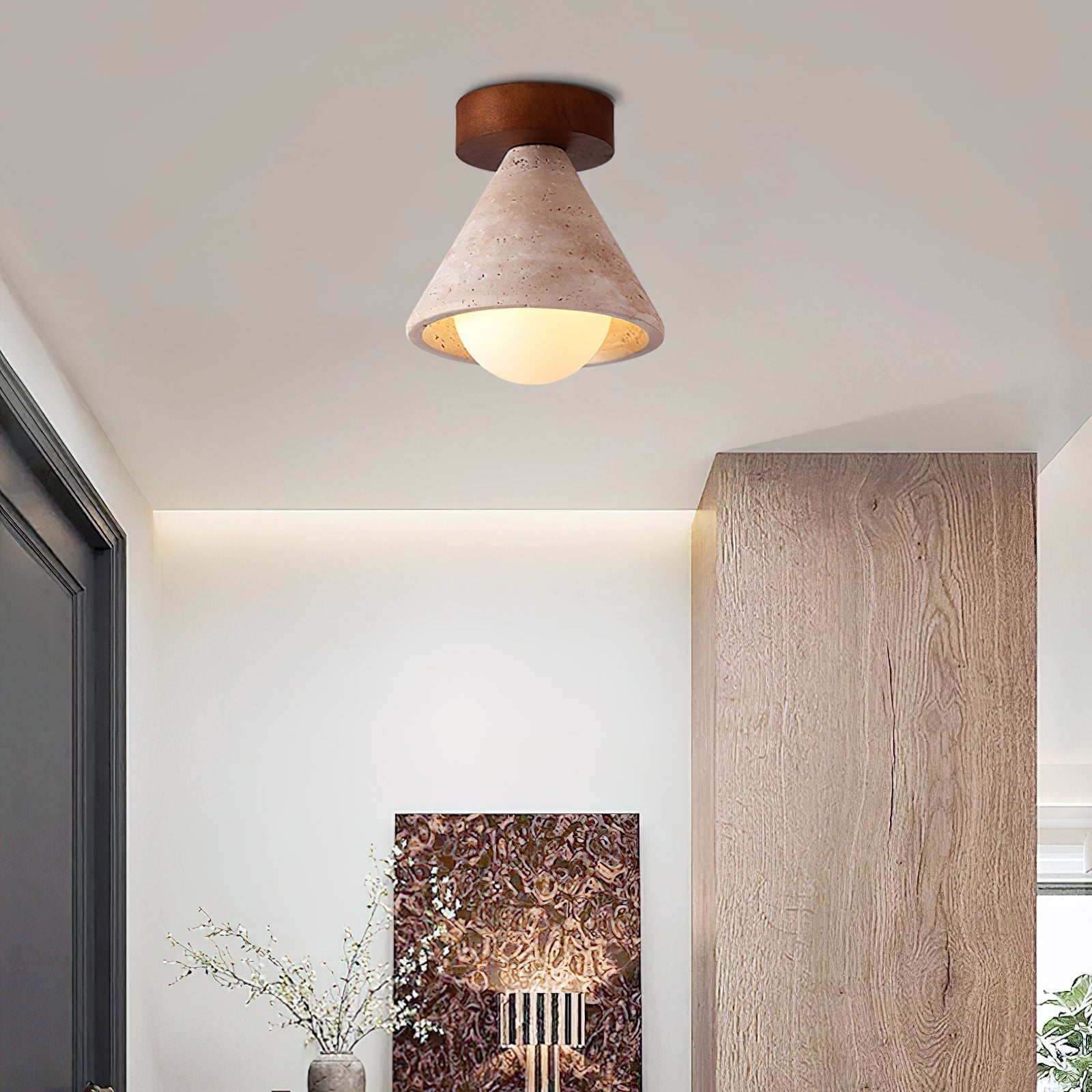 Emmet Ceiling Light illuminated, casting a warm glow.