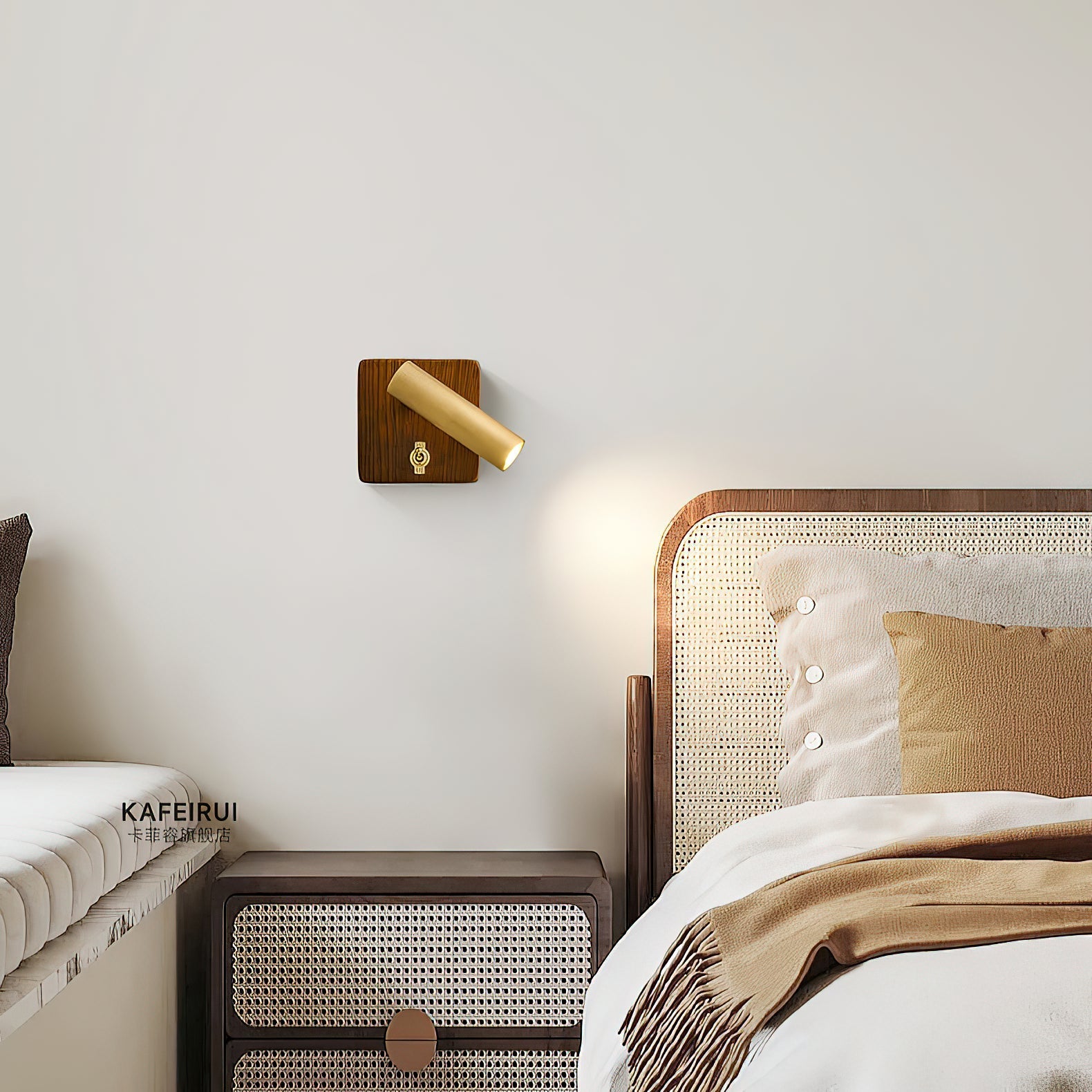 Side view of the Enna Wall Lamp in walnut color.
