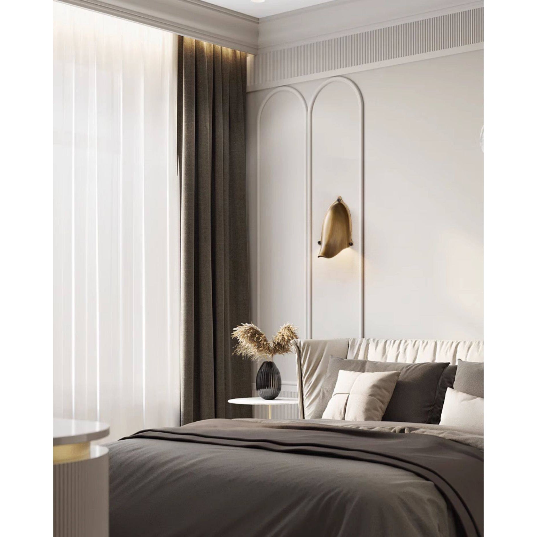 Angled view of the Enoki Wall Lamp showcasing its metal sheet and dome.