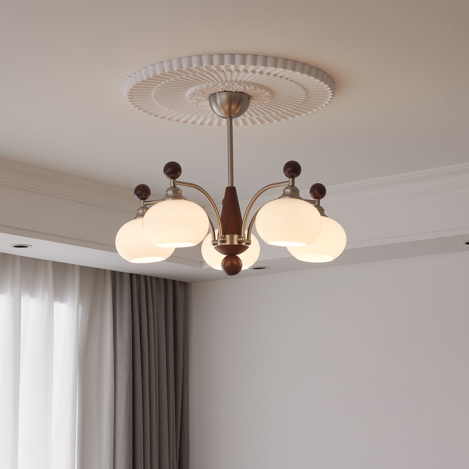 Ivloria Traditional Elegance Orbit Wood Glass Chandelier-Neutral Decor