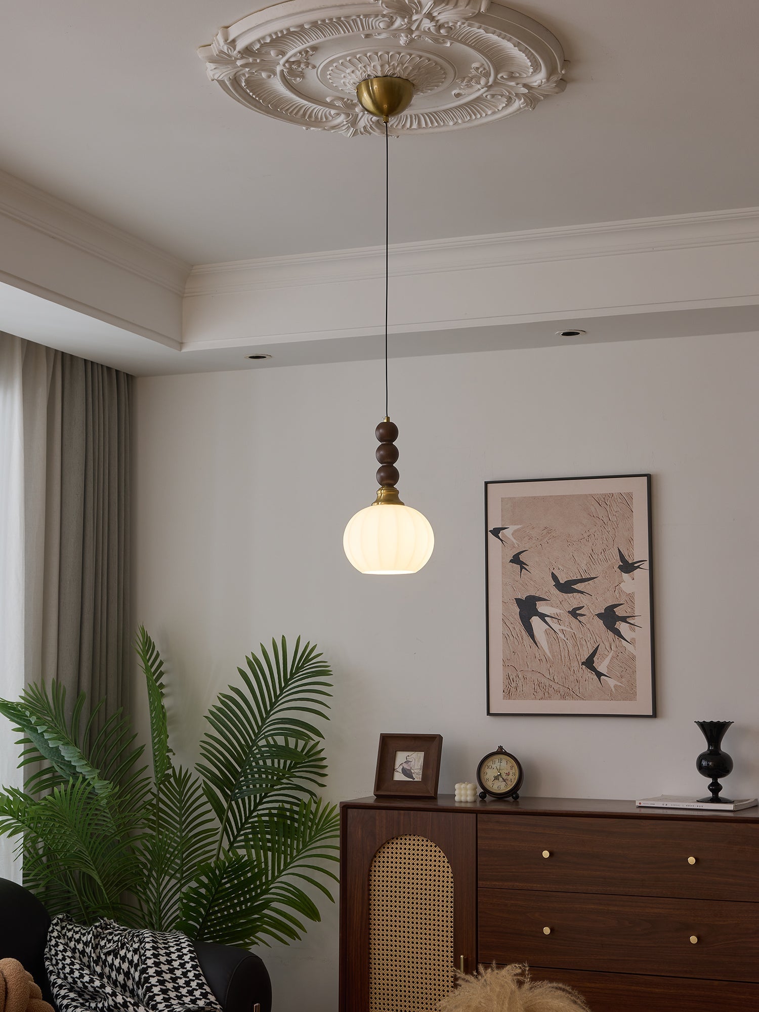 Vothaila Traditional Elegance Vintage Glass Wood Pendant Light-Neutral Decor