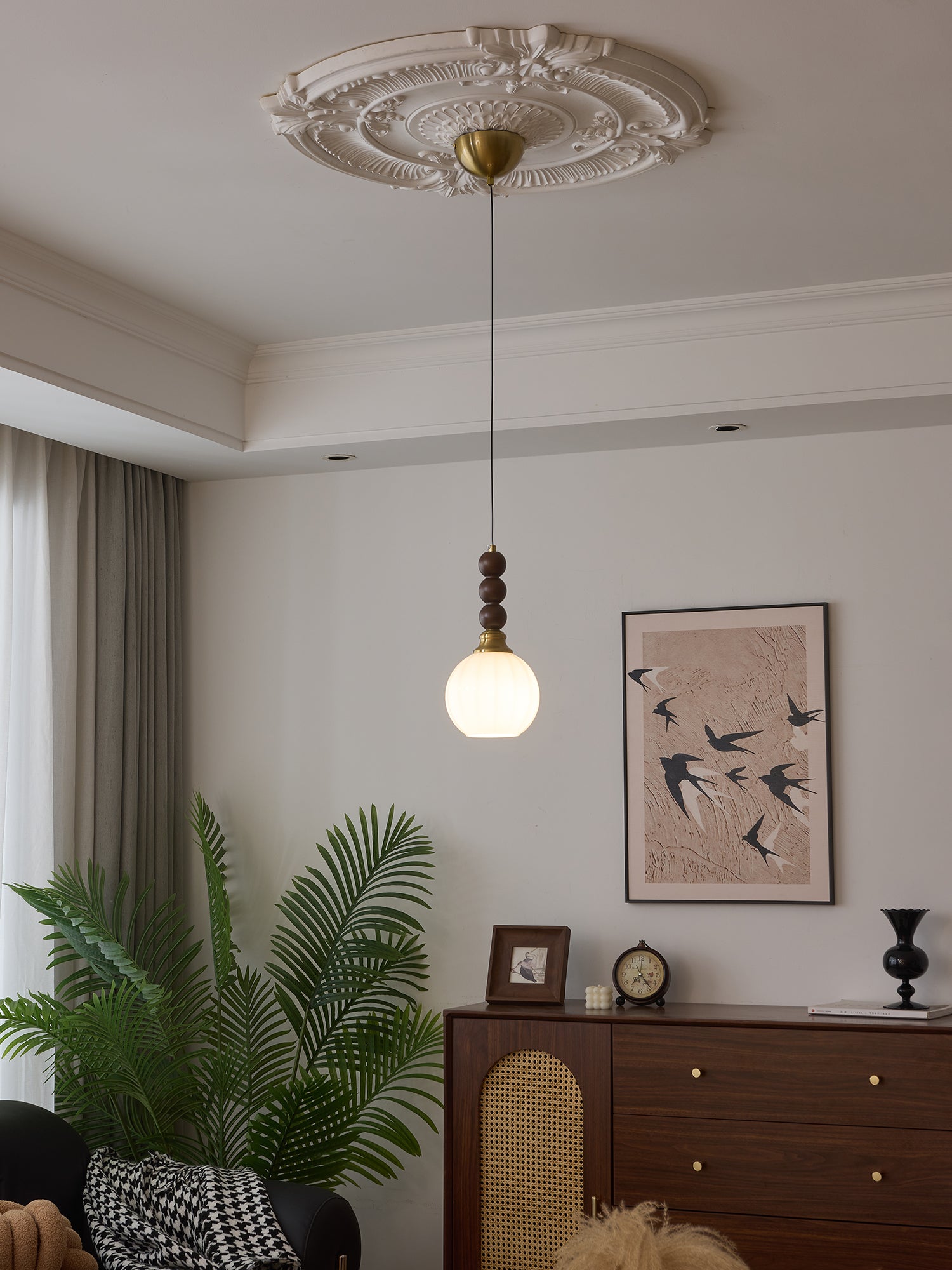 Vothaila Traditional Elegance Vintage Glass Wood Pendant Light-Neutral Decor