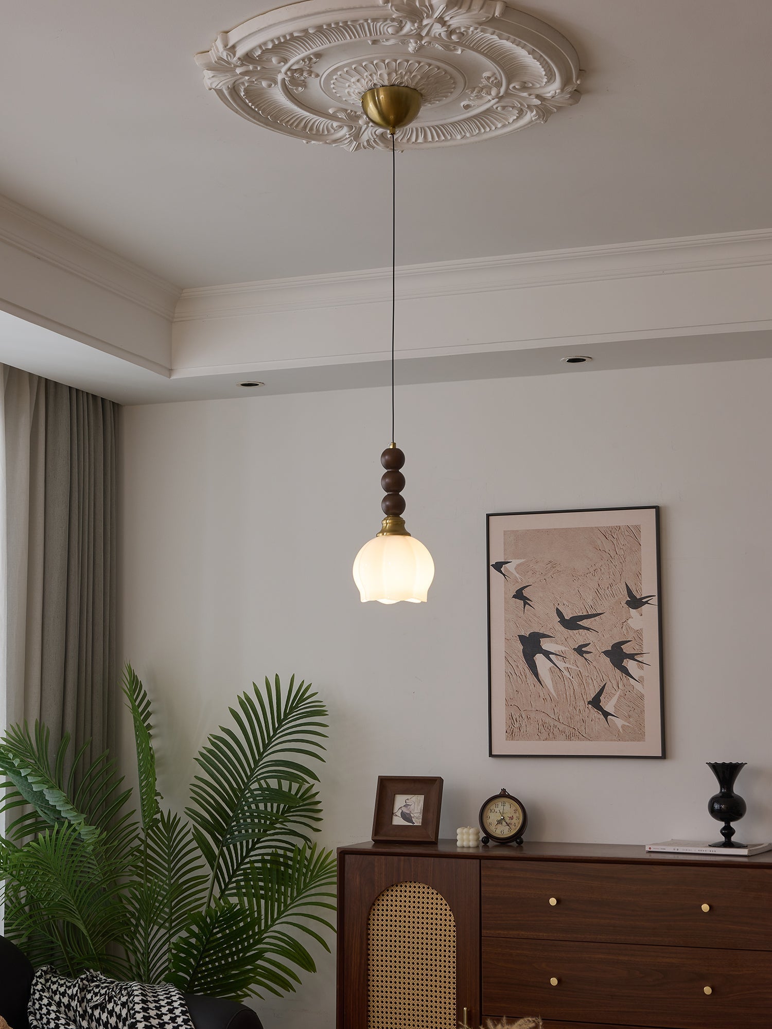 Vothaila Traditional Elegance Vintage Glass Wood Pendant Light-Neutral Decor