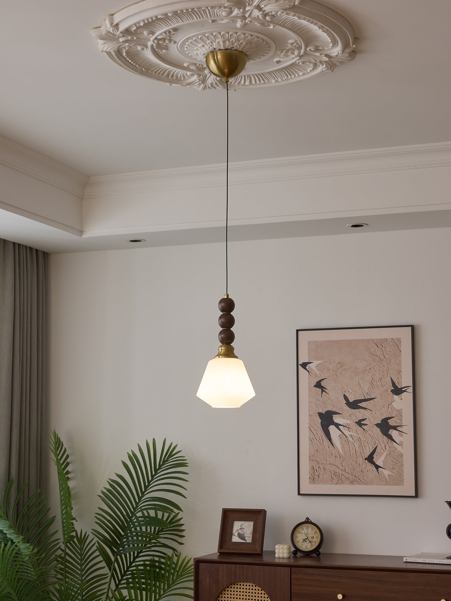 Vothaila Traditional Elegance Vintage Glass Wood Pendant Light-Neutral Decor