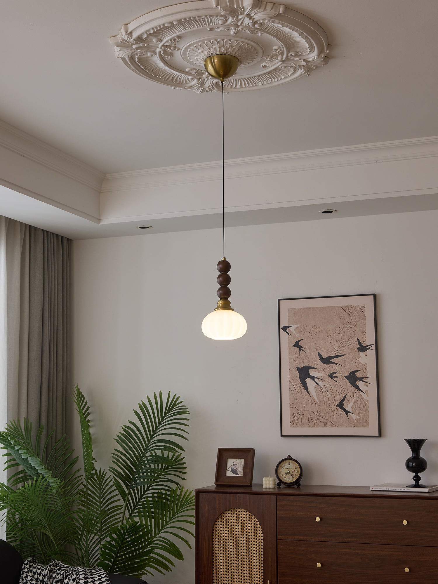 Vothaila Traditional Elegance Vintage Glass Wood Pendant Light-Neutral Decor