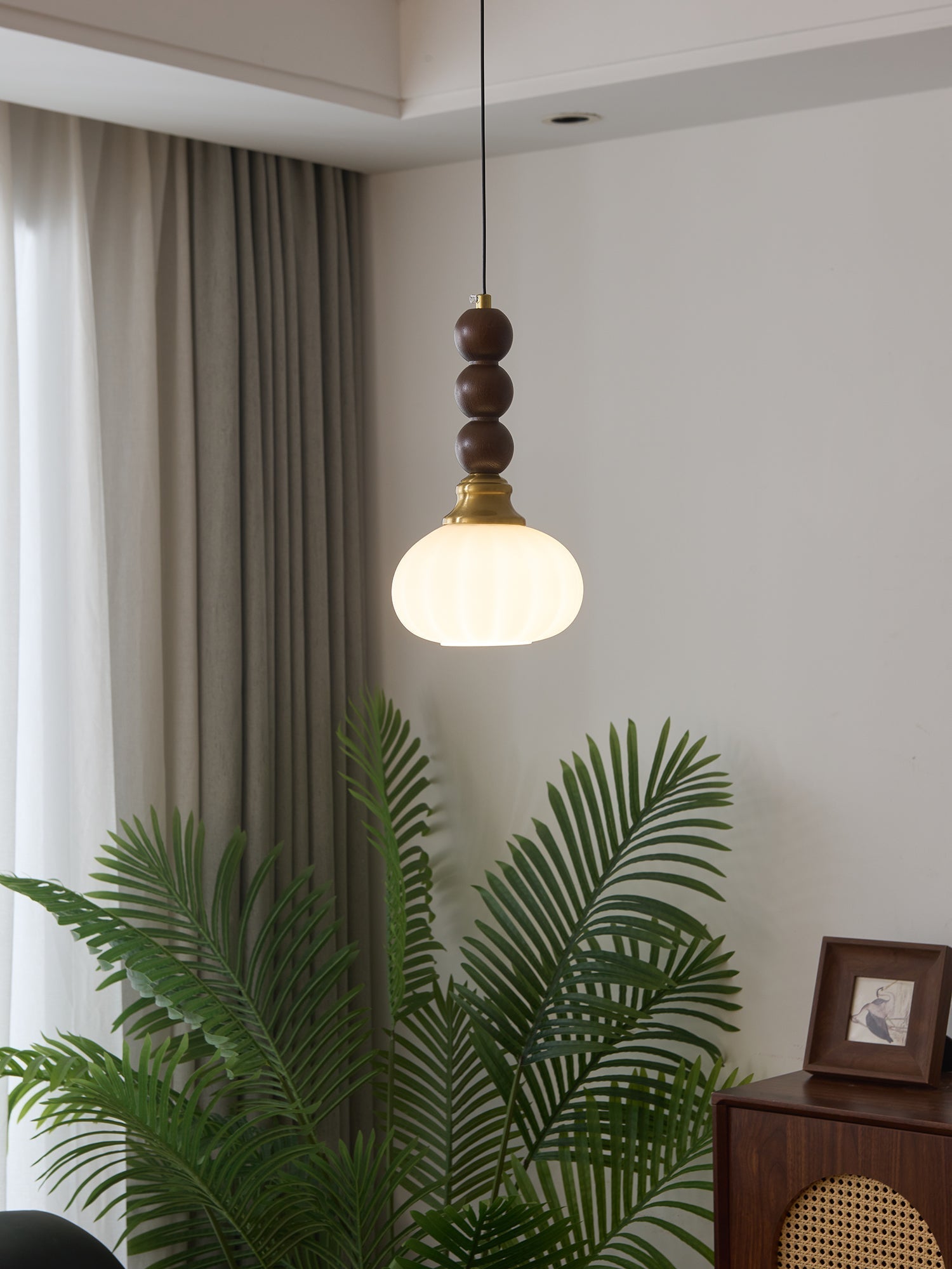 Vothaila Traditional Elegance Vintage Glass Wood Pendant Light-Neutral Decor