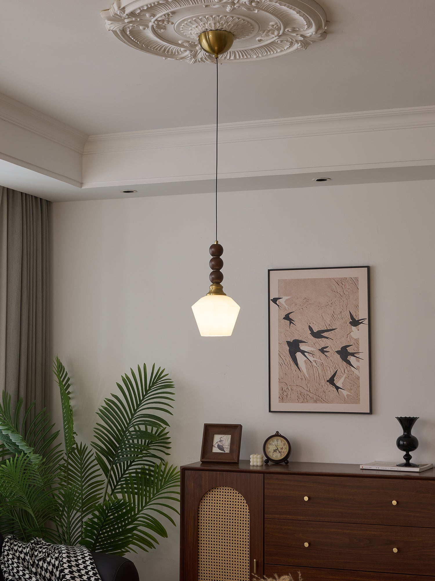 Vothaila Traditional Elegance Vintage Glass Wood Pendant Light-Neutral Decor