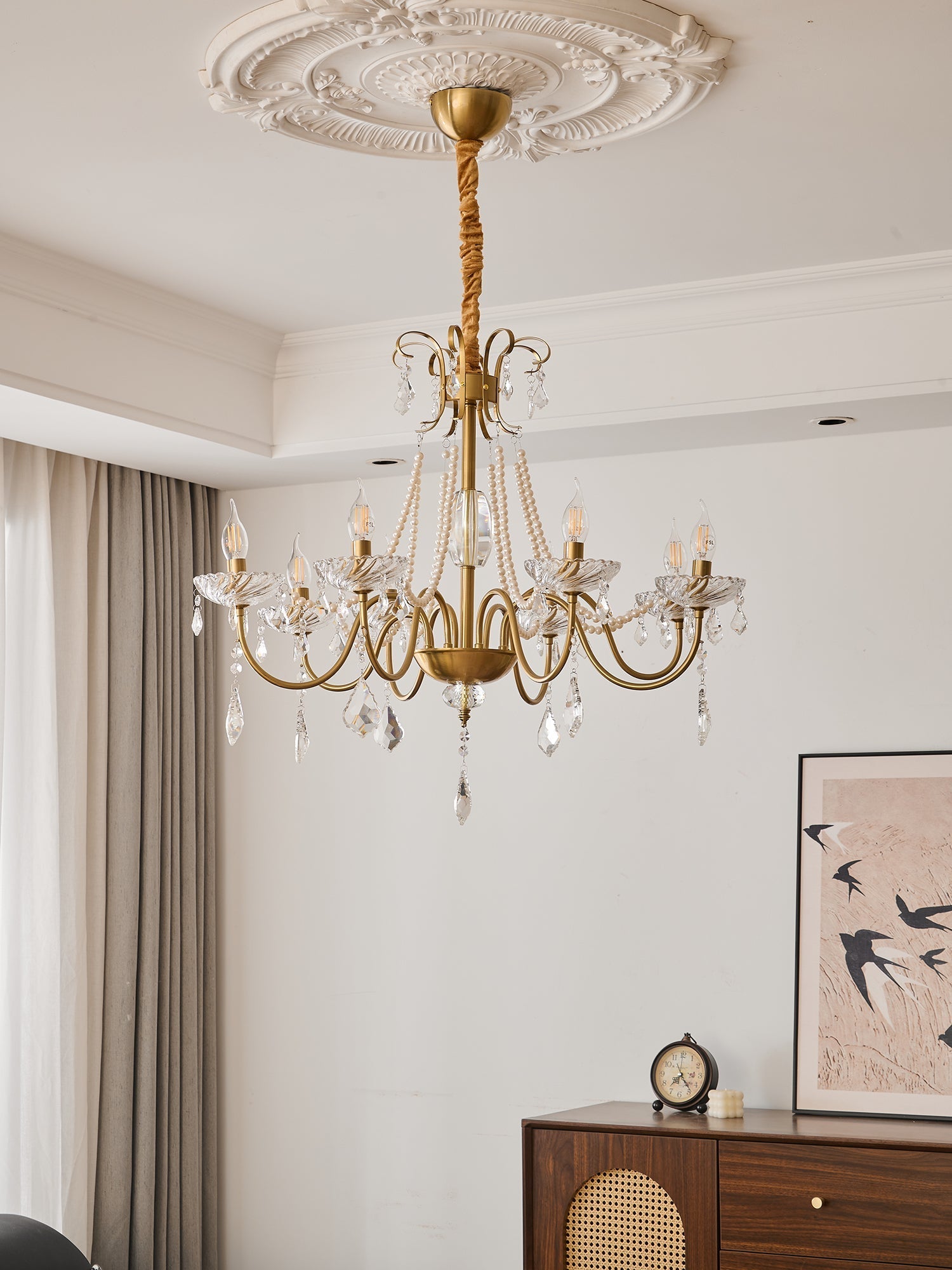 Evaria Traditional Luxury Crystal Pearl Chandelier-Neutral Decor