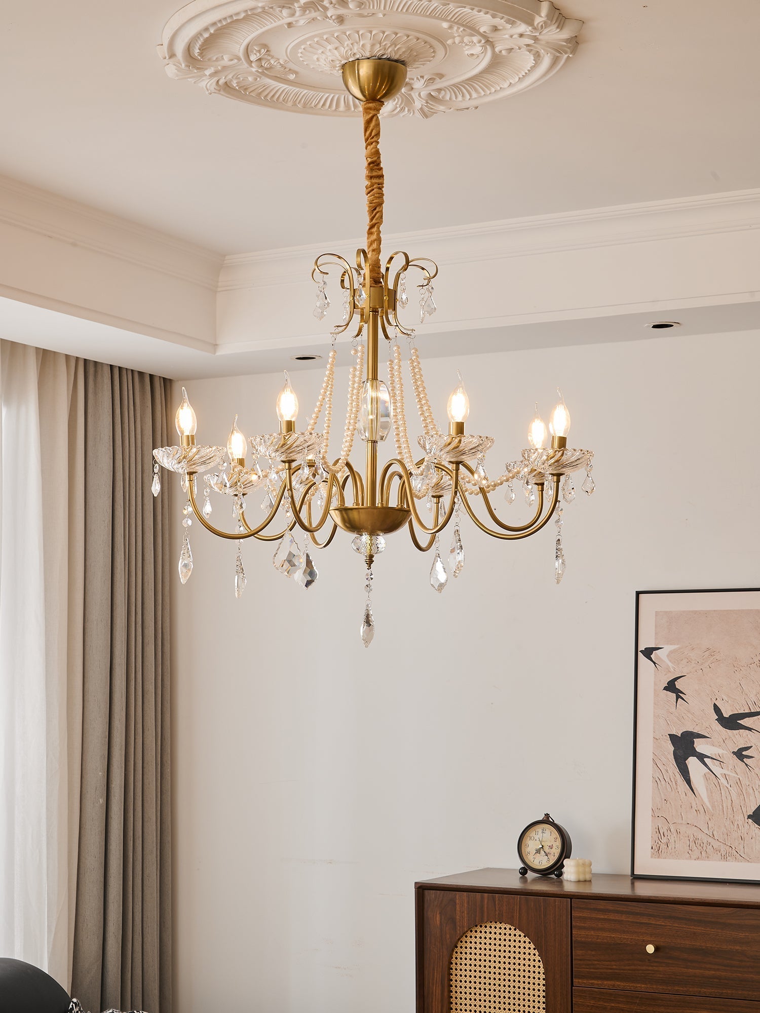 Evaria Traditional Luxury Crystal Pearl Chandelier-Neutral Decor