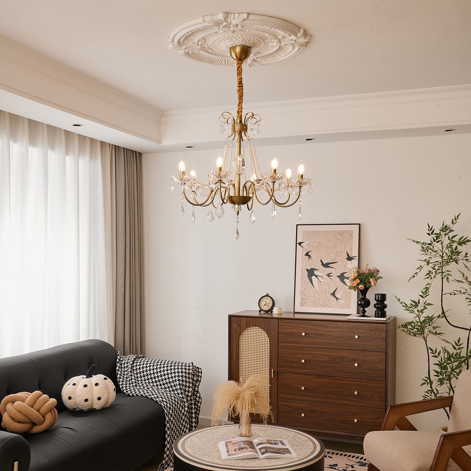 Evaria Traditional Luxury Crystal Pearl Chandelier-Neutral Decor