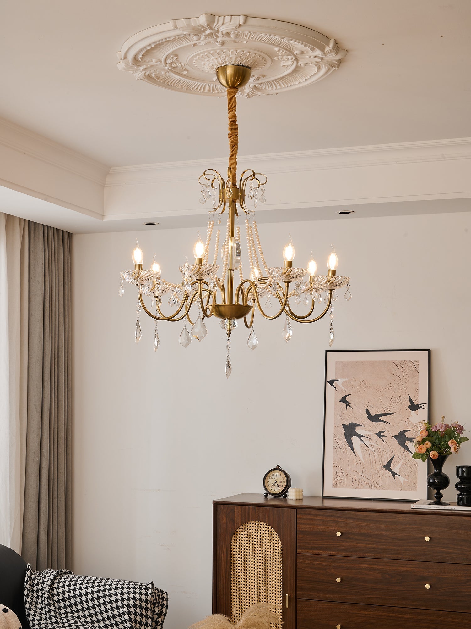 Evaria Traditional Luxury Crystal Pearl Chandelier-Neutral Decor