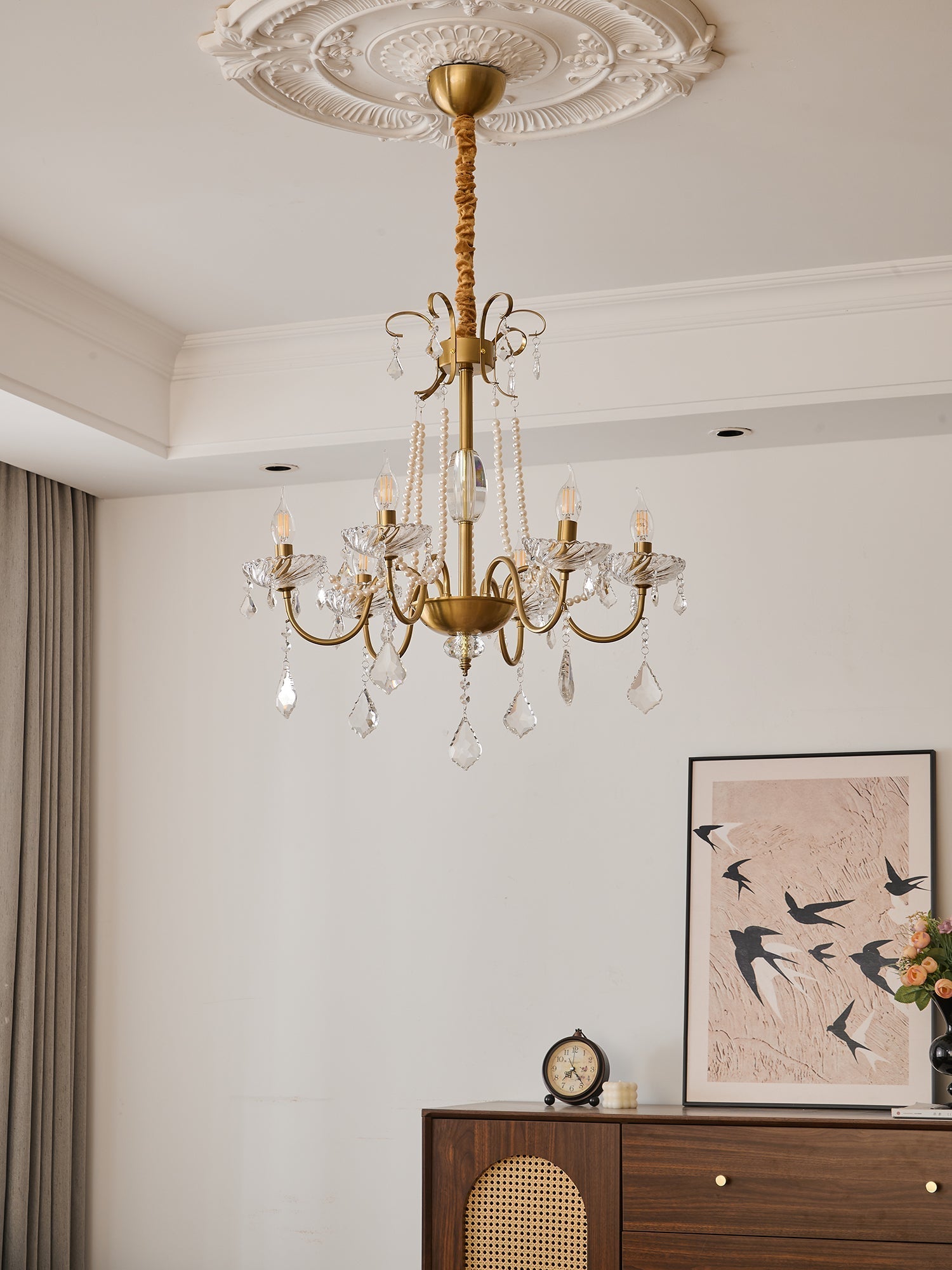 Evaria Traditional Luxury Crystal Pearl Chandelier-Neutral Decor