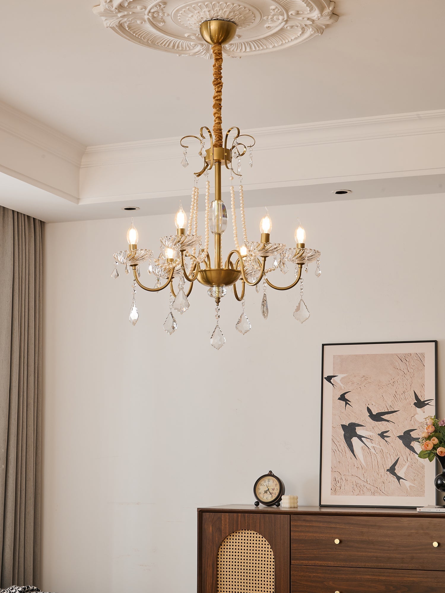 Evaria Traditional Luxury Crystal Pearl Chandelier-Neutral Decor