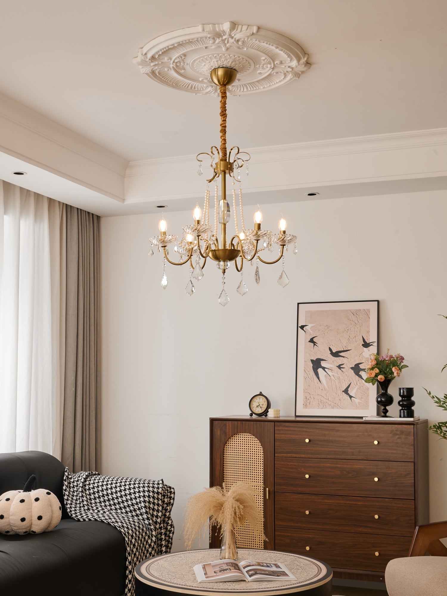 Evaria Traditional Luxury Crystal Pearl Chandelier-Neutral Decor