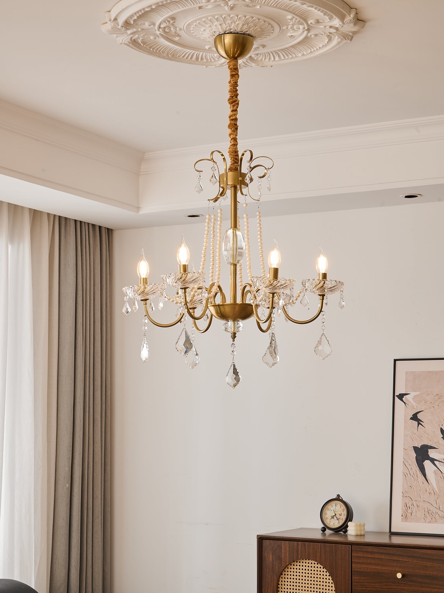 Evaria Traditional Luxury Crystal Pearl Chandelier-Neutral Decor