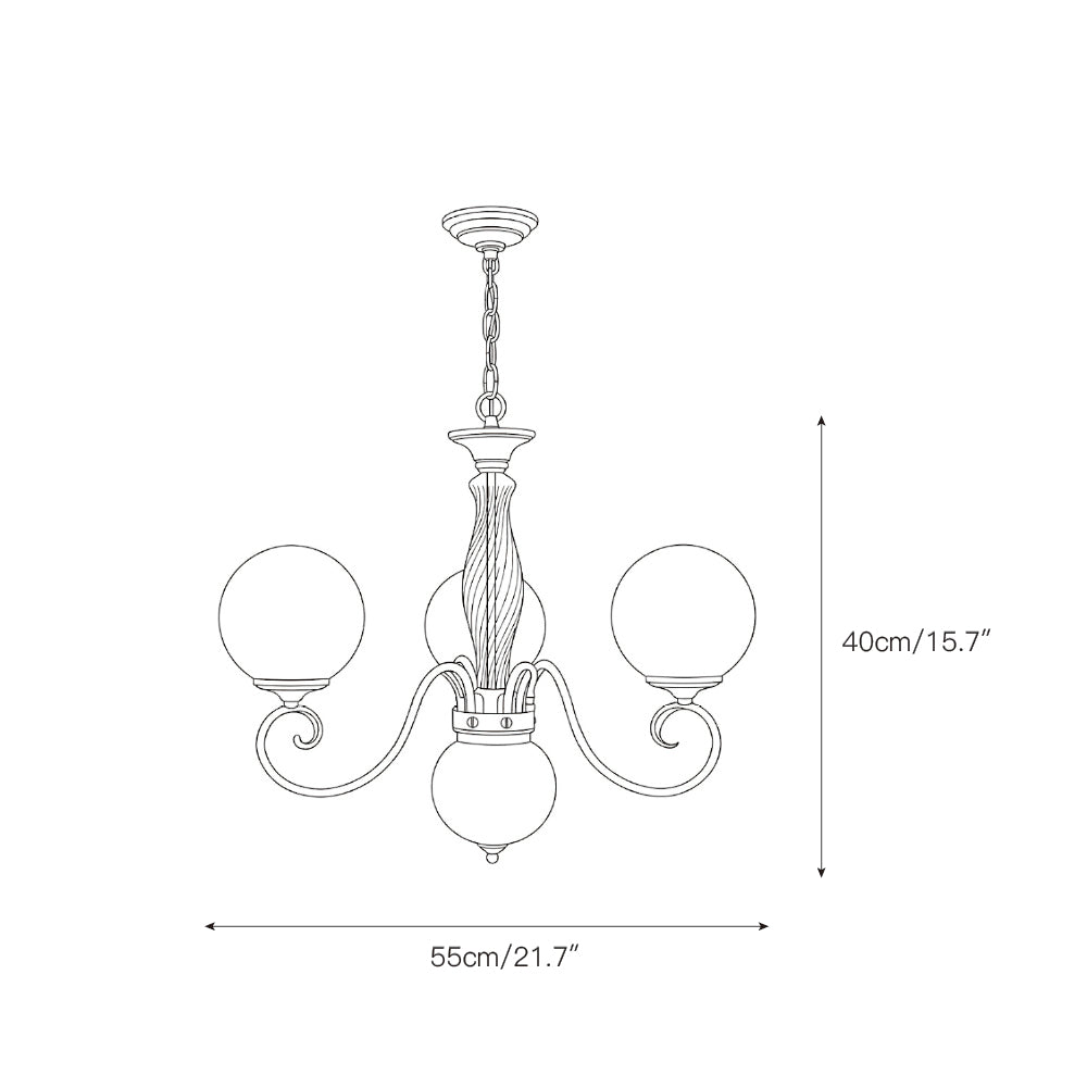 The Evelyn Chandelier with white glass globes providing soft, diffused light.