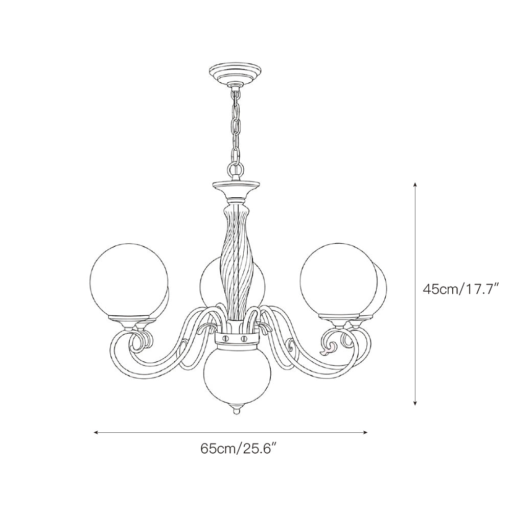 The Evelyn Chandelier with blush pink globes, casting a warm glow.