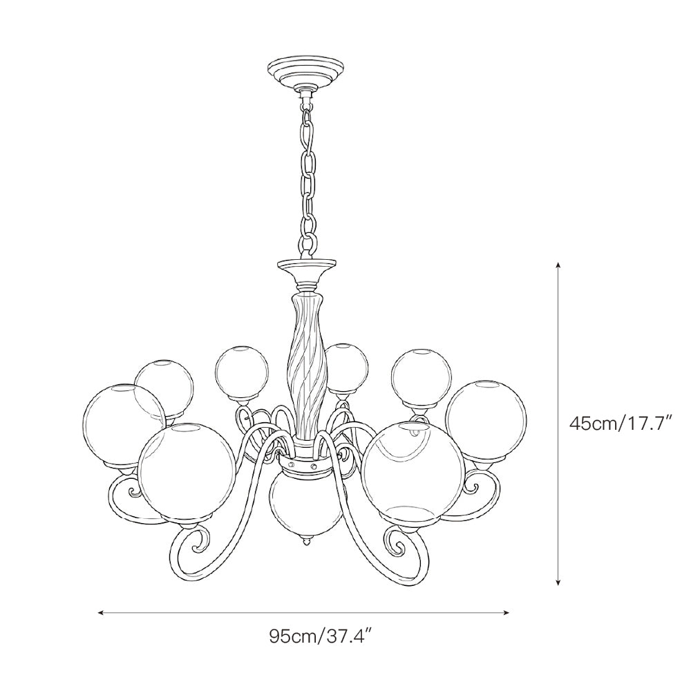 The Evelyn Chandelier with pale blue globes, suitable for coastal interiors.