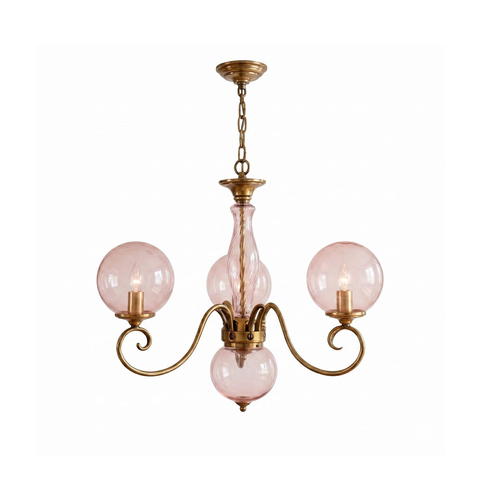 Evelyn Glass Chandelier in antique brass finish with clear globes.