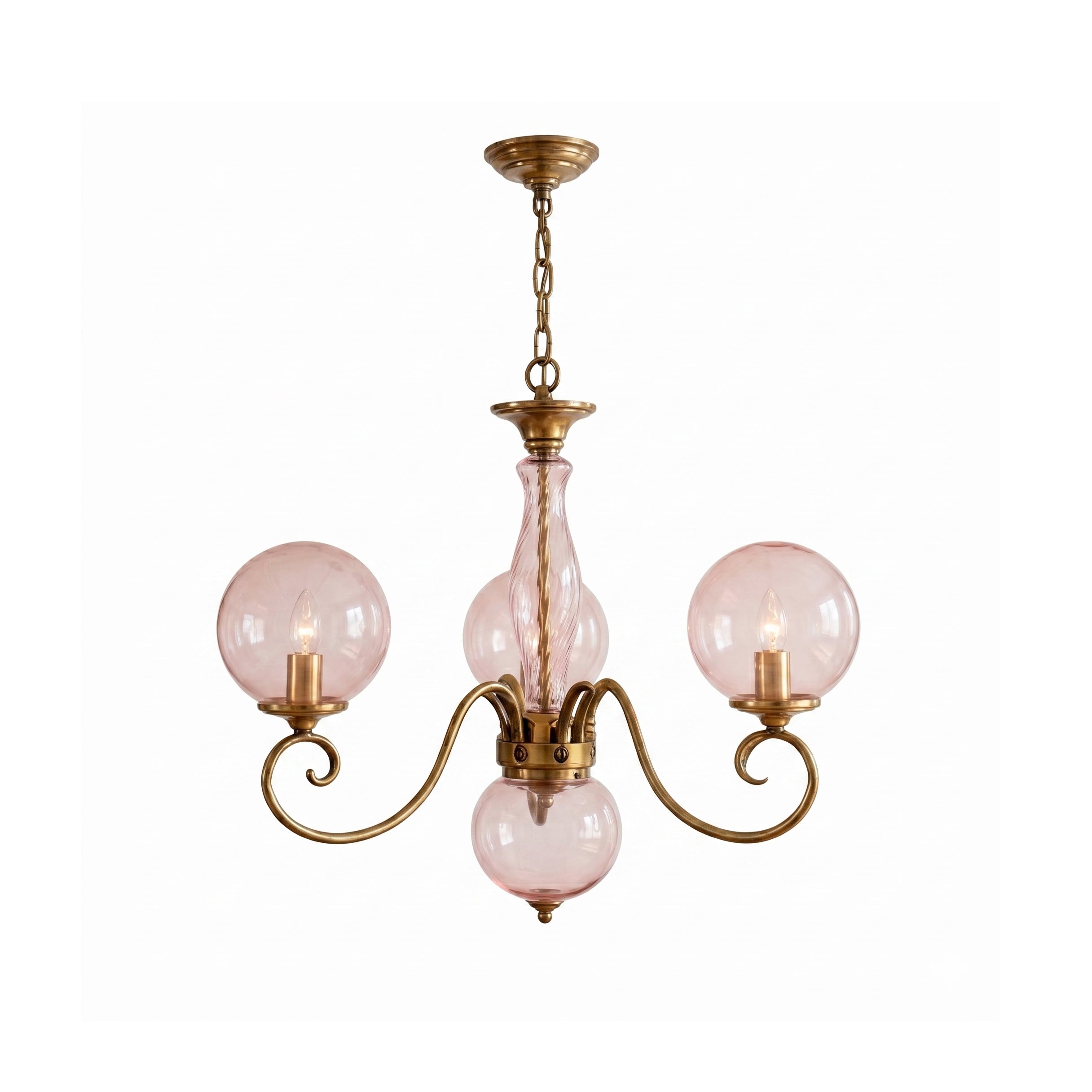 Evelyn Glass Chandelier in antique brass finish with clear globes.