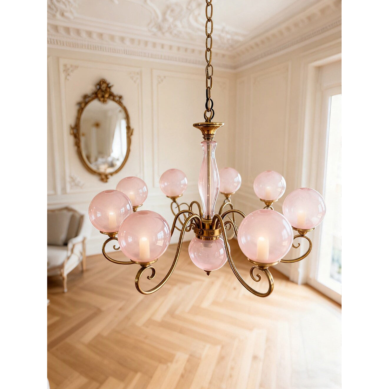 Side profile of the Evelyn Chandelier with clear globes.