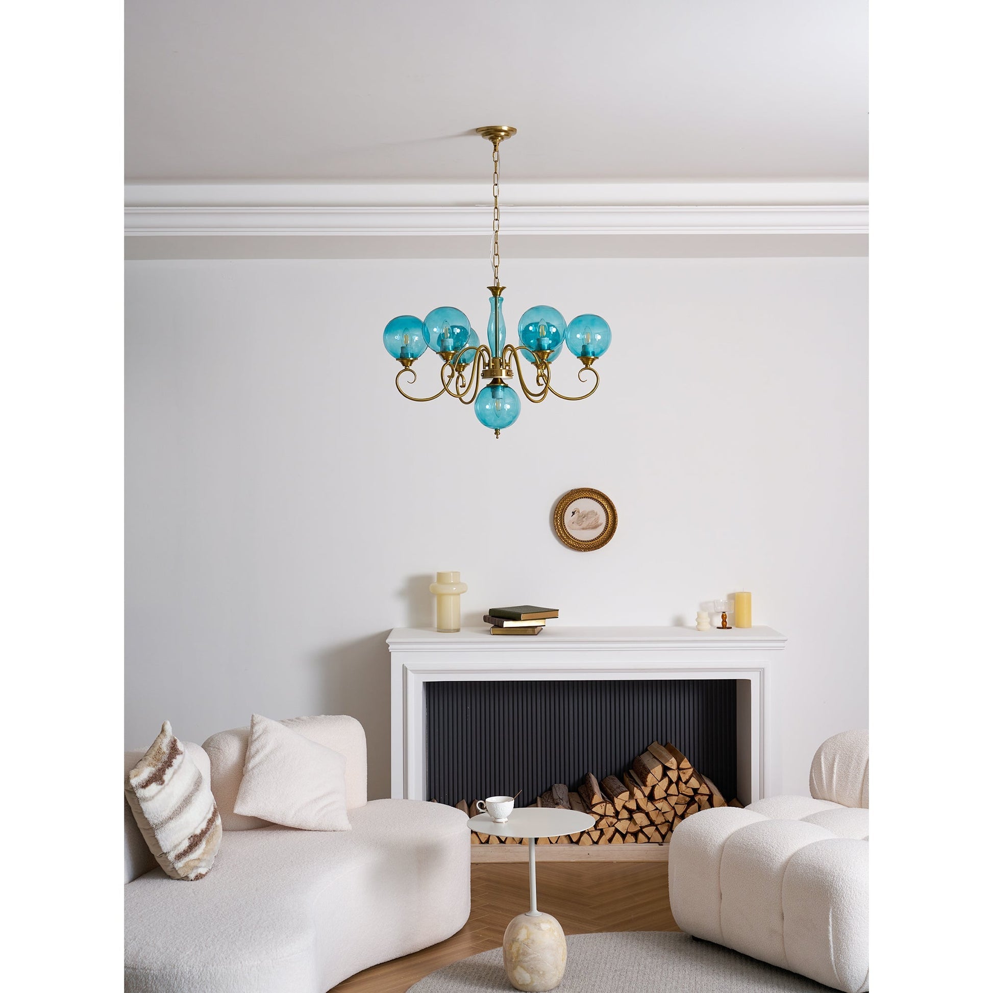 Evelyn Chandelier in a transitional style living room.