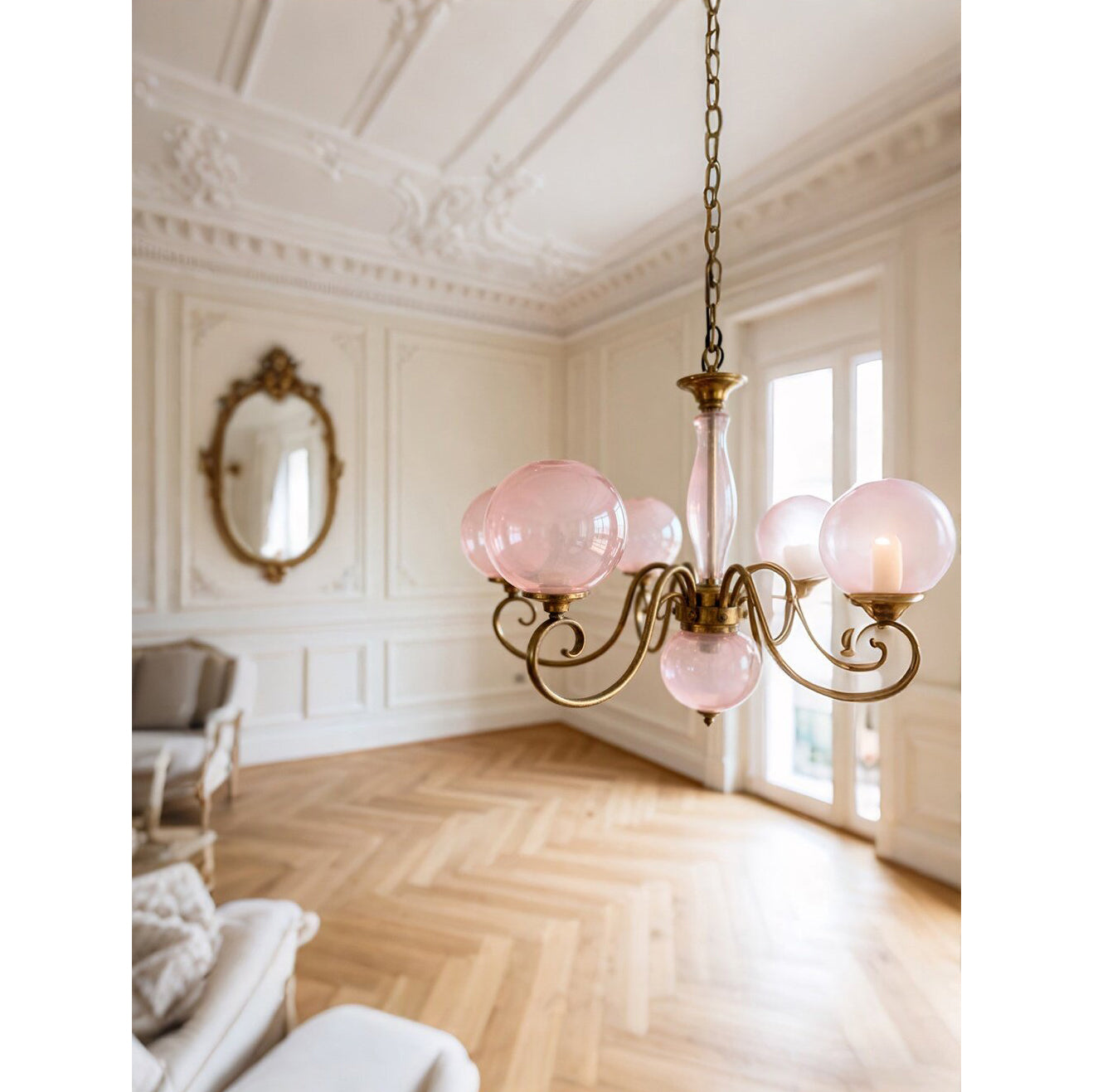 Side profile of the Evelyn Chandelier with pale blue globes.