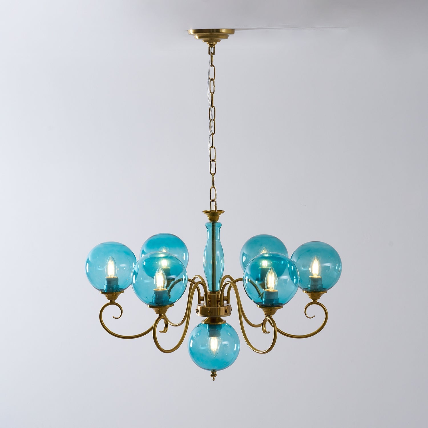 View of the chandelier from a distance, showing its scale.