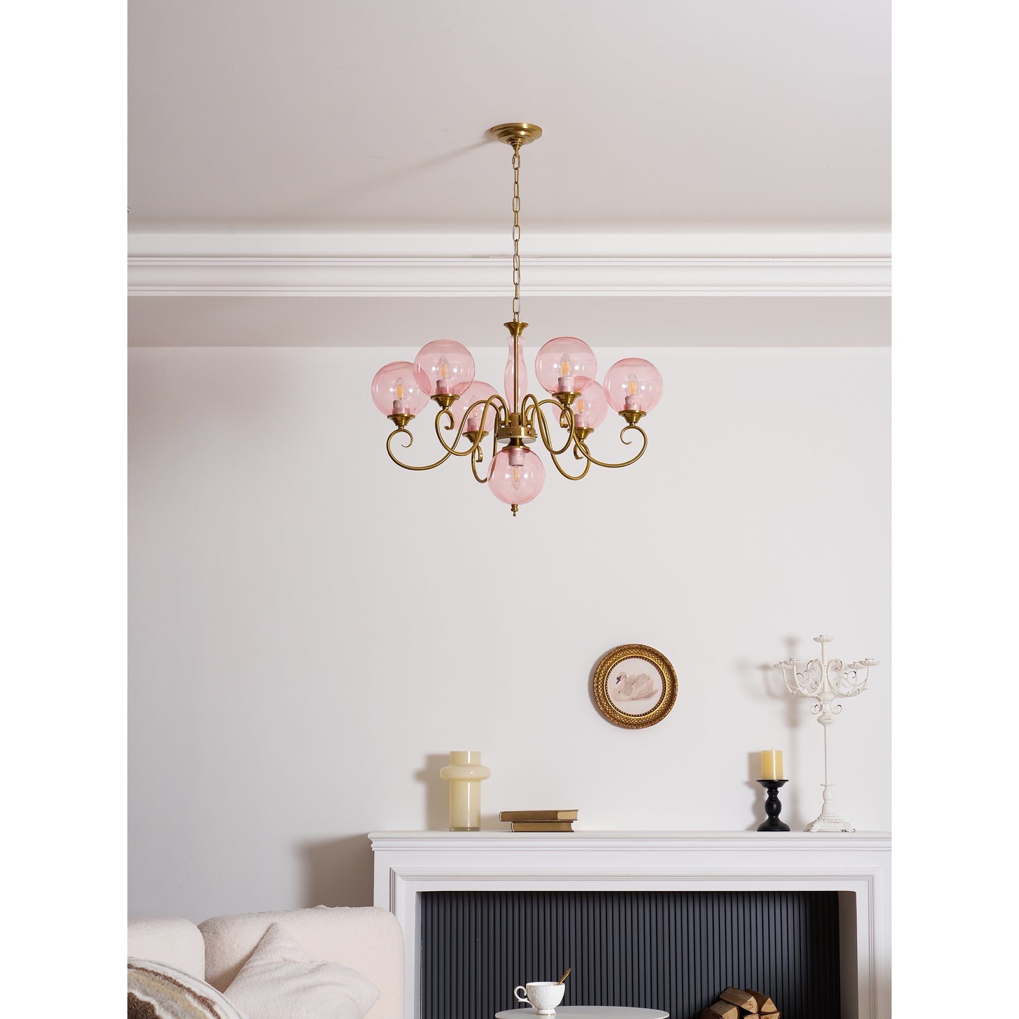 Evelyn Glass Chandelier with pale blue globes, unlit.