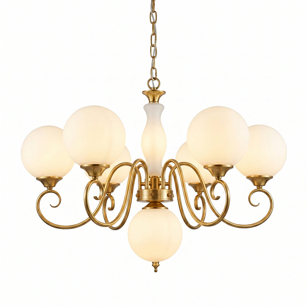 Evelyn Glass Chandelier with clear globes, unlit.