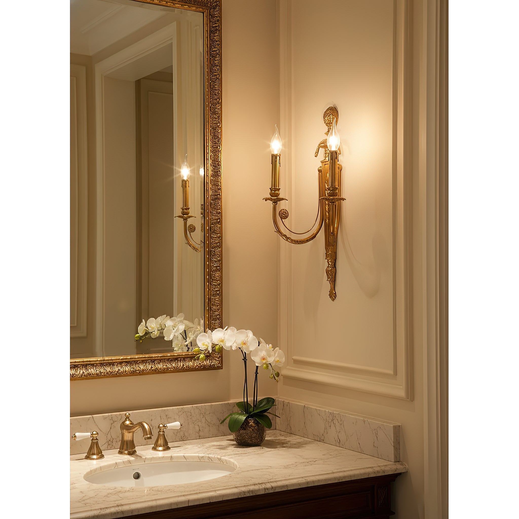 A pair of Fabienne Wall Lamps installed on either side of a large mirror.