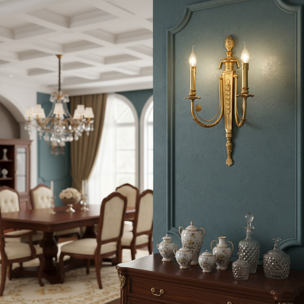 The Fabienne Wall Lamp installed in a classically styled living room, providing warm ambient light.