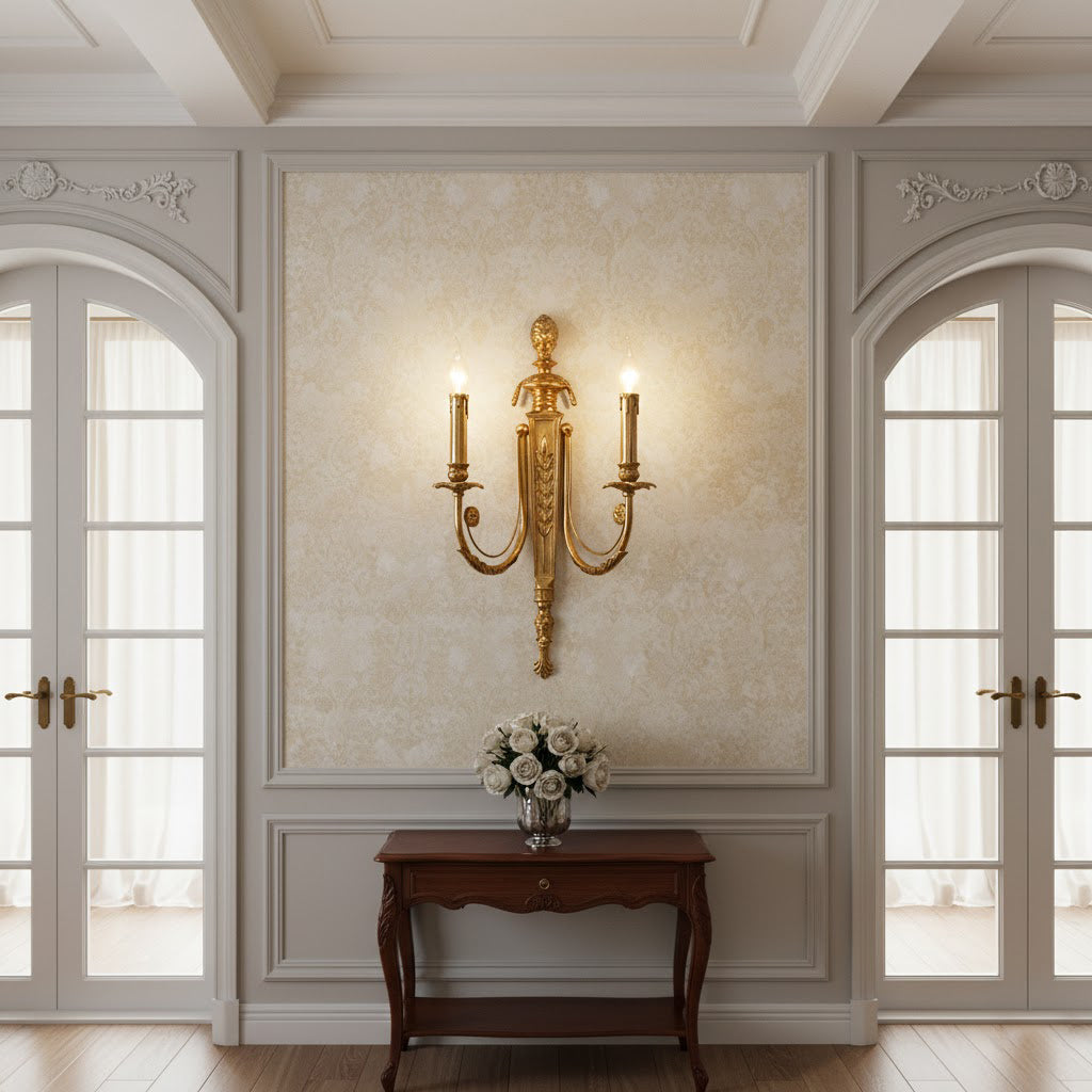 Angled view of the Fabienne Wall Lamp, highlighting its French Provincial aesthetic.