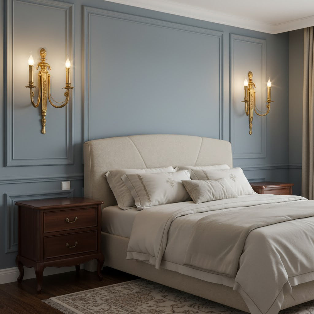 Side profile of the Fabienne brass wall sconce, showing its depth and structure.