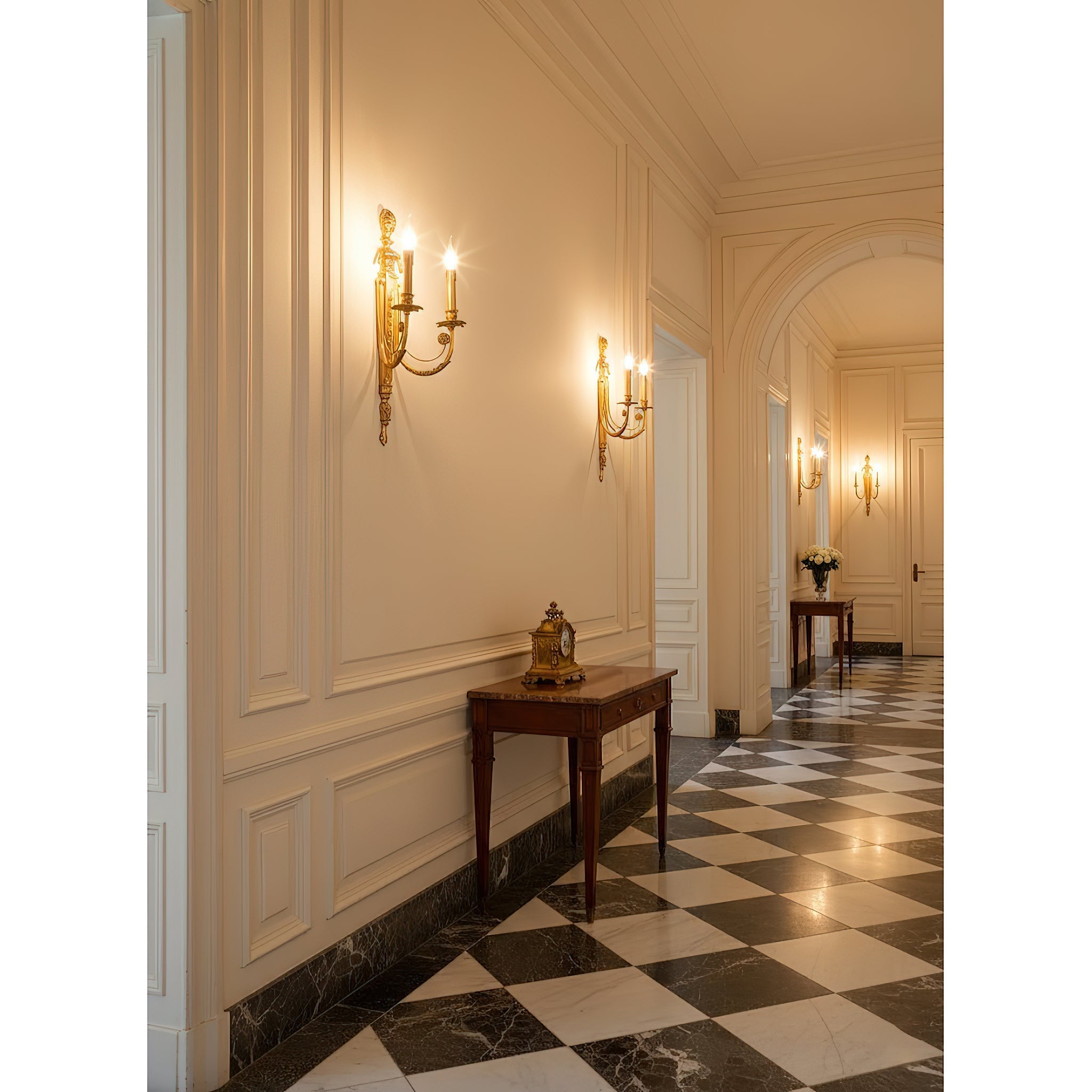 The Fabienne Wall Lamp with E14 bulbs installed to demonstrate its appearance when lit (bulbs not included).
