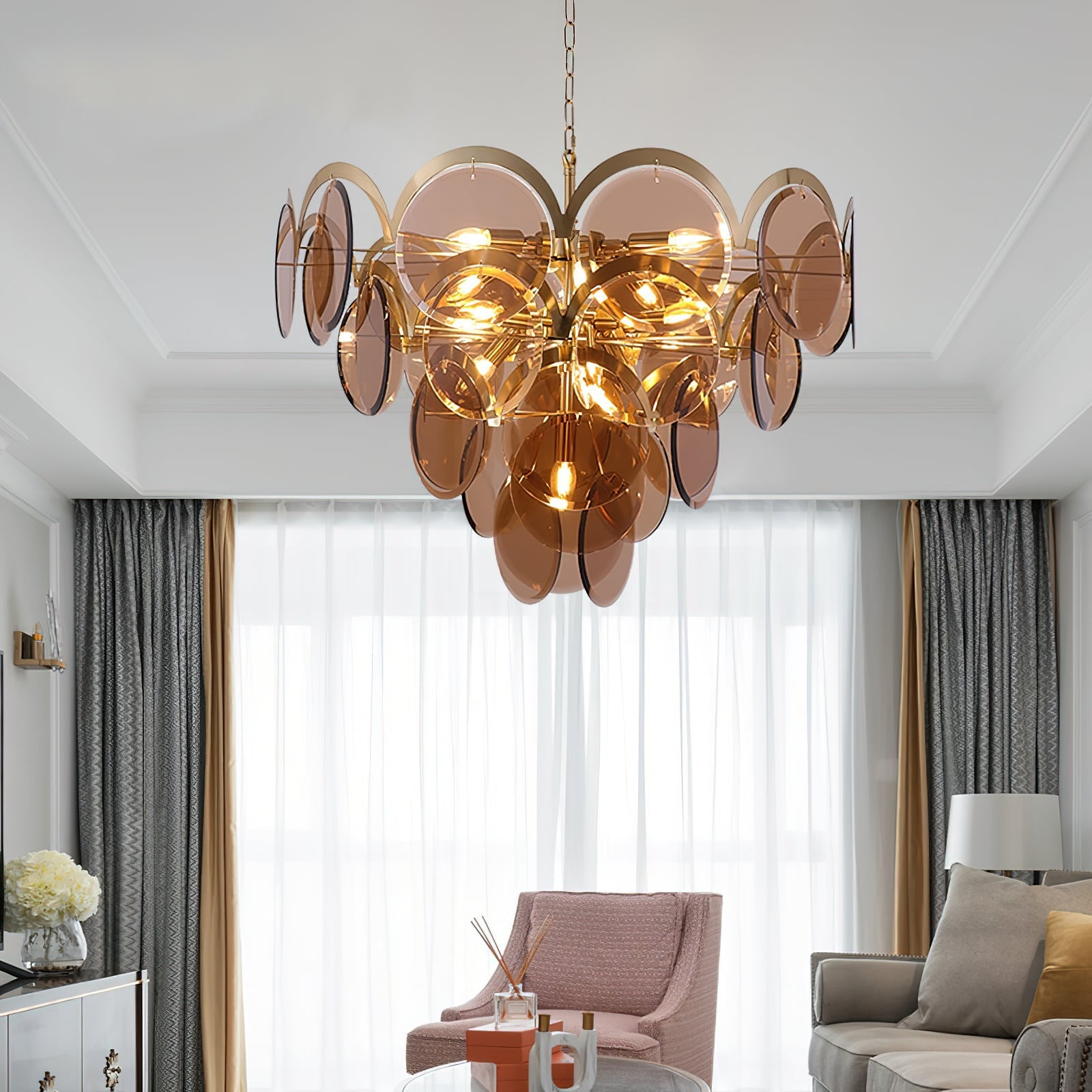 Bryndis Chandelier Amber Glass Tiered Circles-Neutral Decor