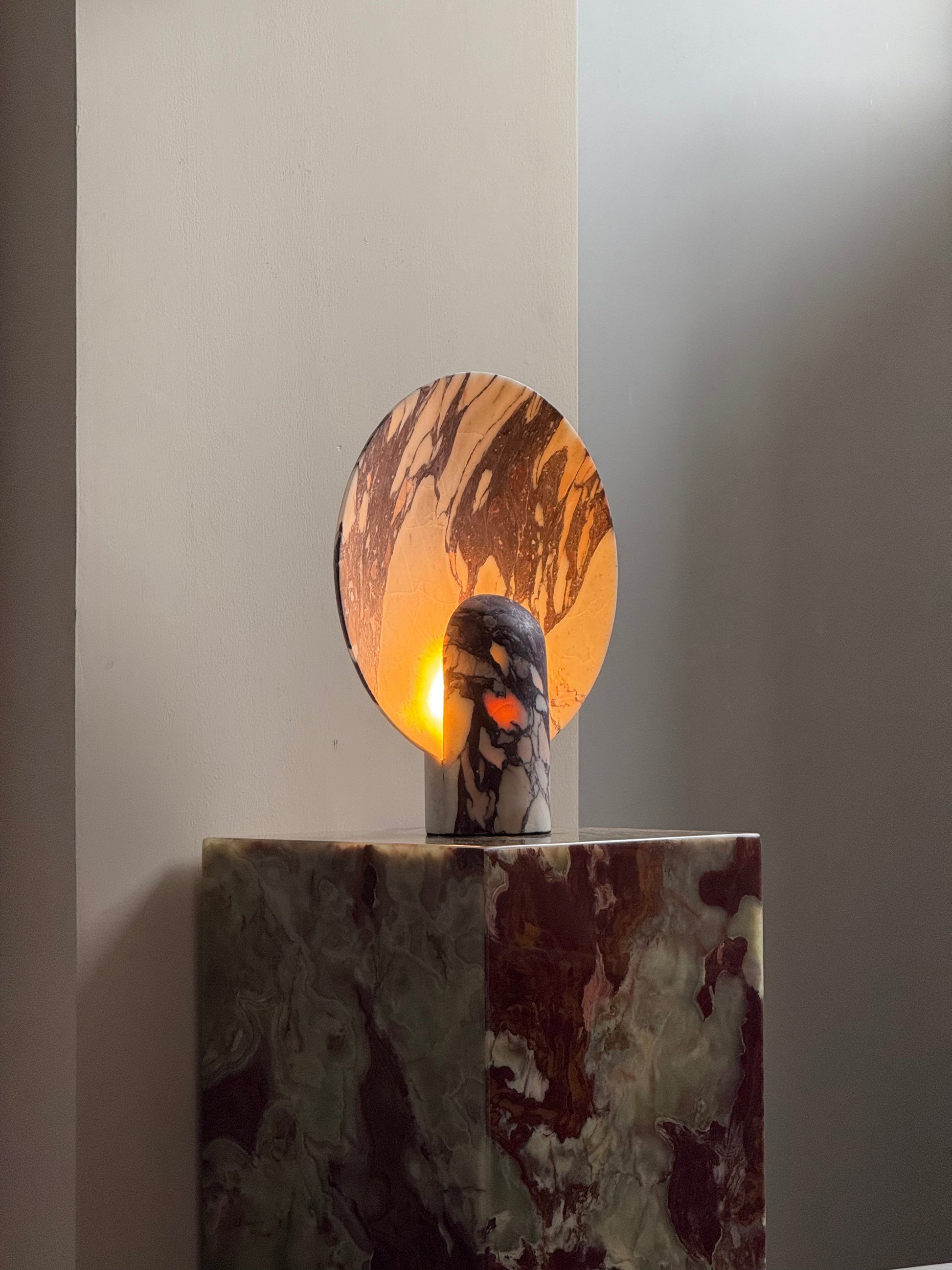 Light brown travertine Fan Table Lamp, front view.