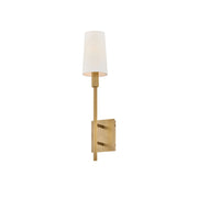 Fenwick Wall Lamp with brass body and white fabric shade.