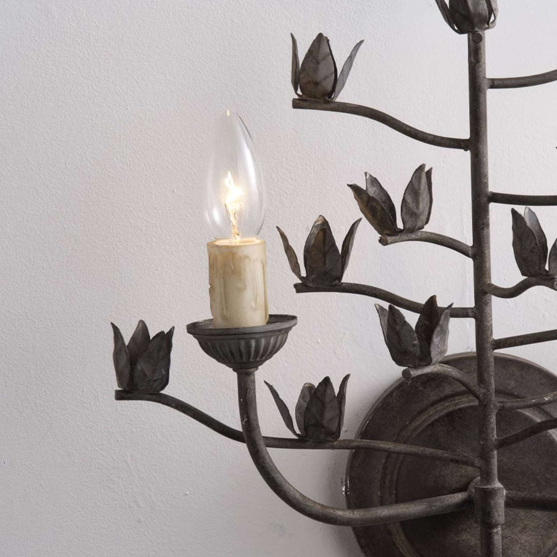 The branch-like structure of the lamp in sharp focus.